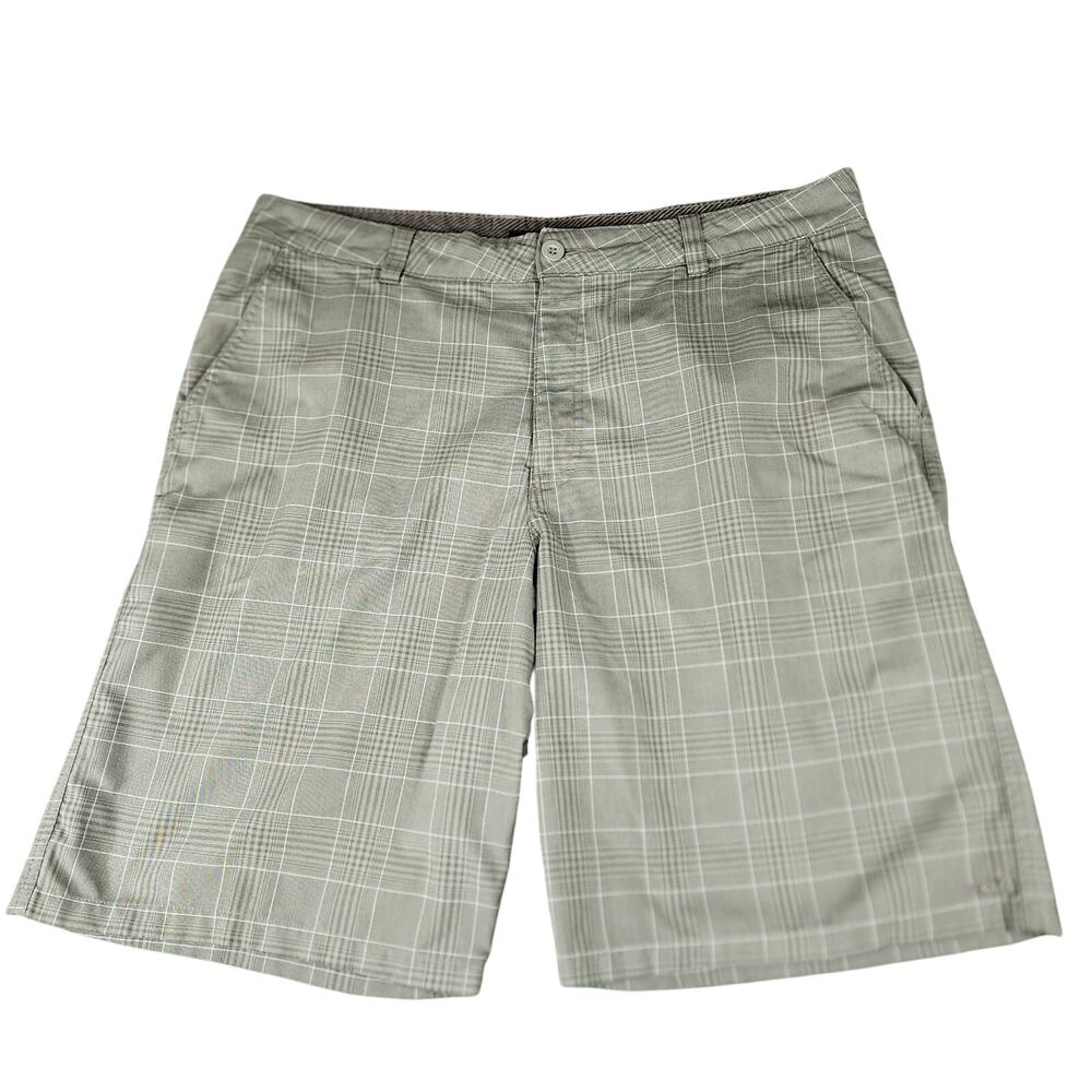 O'Neill Hybrid Board Shorts Men 38 Gray Plaid Flat Front Wicking Swim Beach 11"
